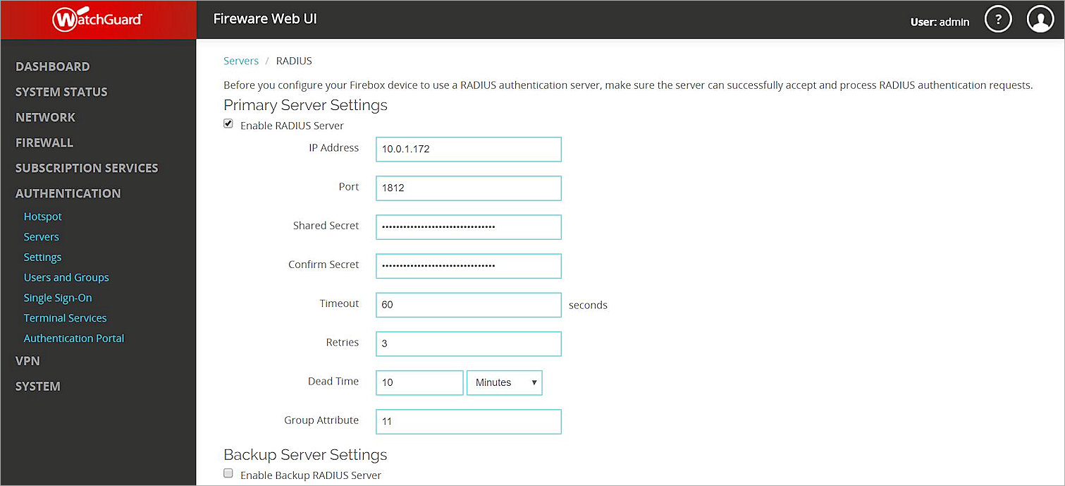 Screen shot of the Servers, RADIUS Primary Server Settings dialog box